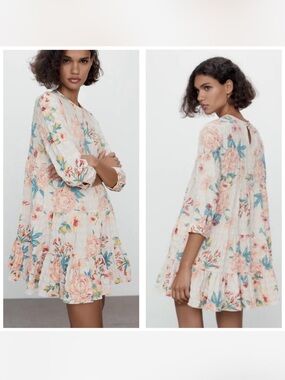 ZARA Floral Tiered Babydoll Dress in Cream with Pink Blooms